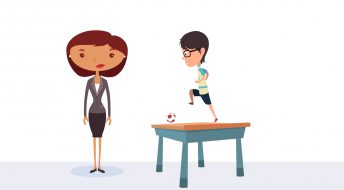 A guy playing football on a desk with a woman explaining marketing hacks for startups.